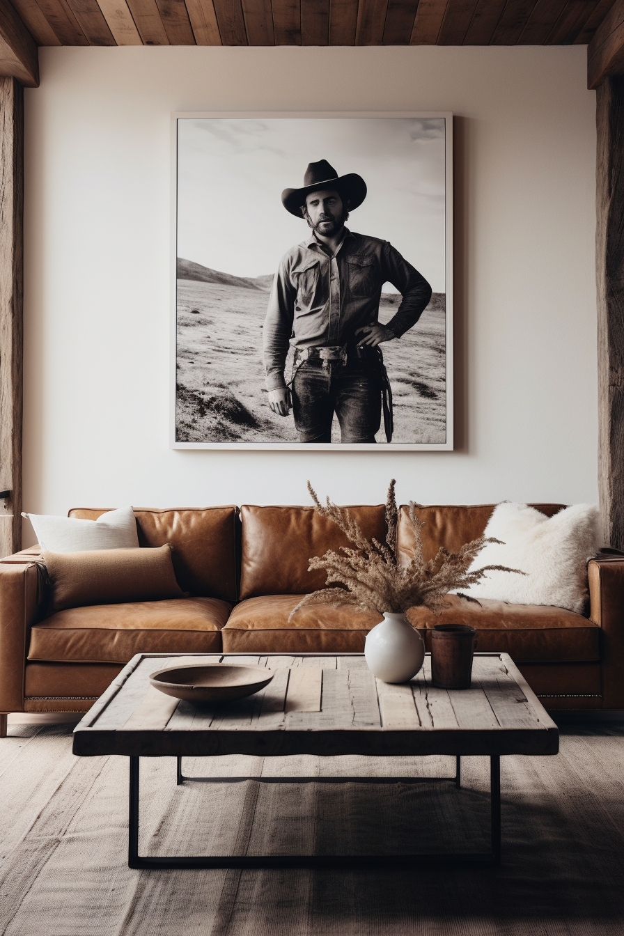 Western room with a cowboy photo on the wall.