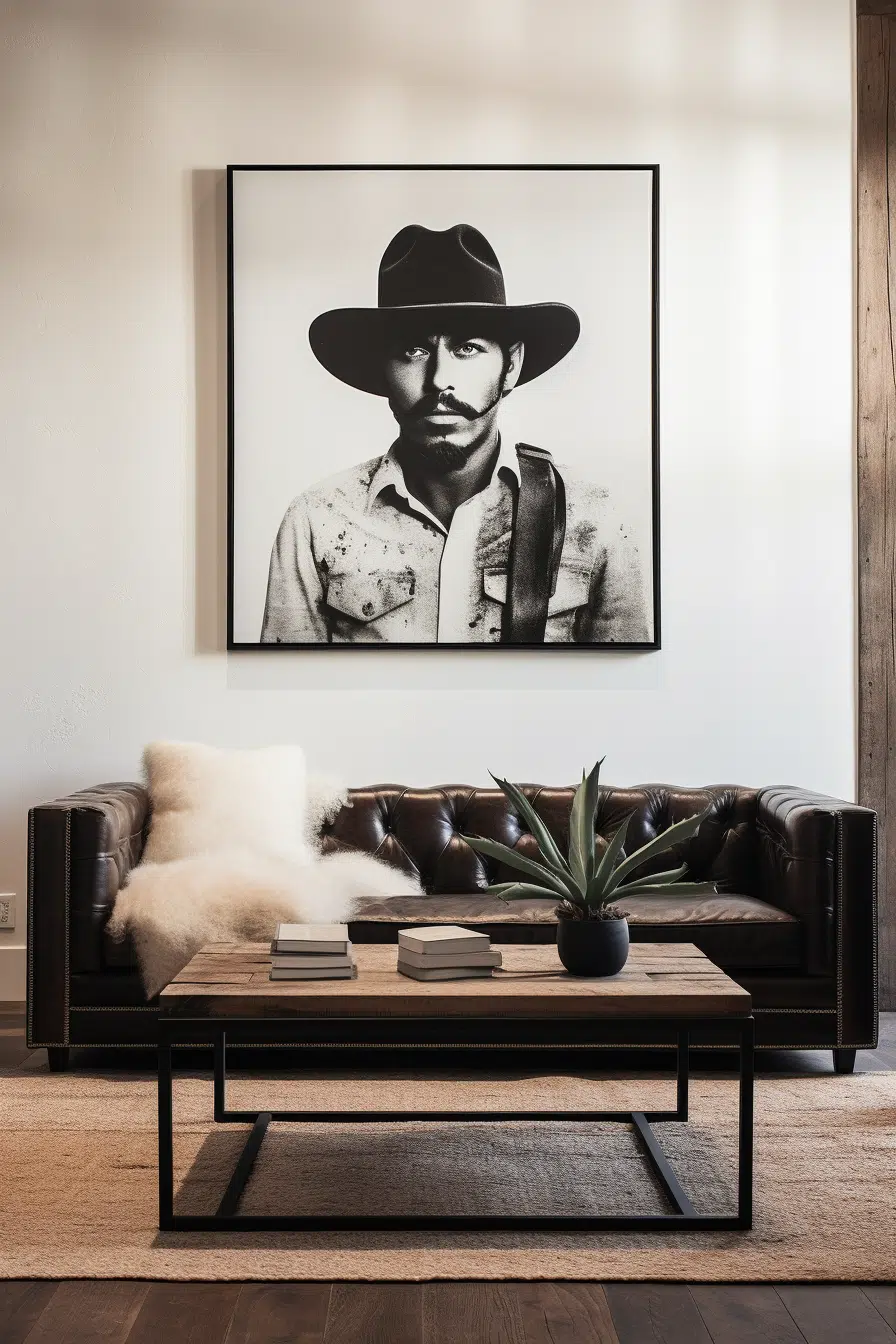 A Western-themed living room with a framed photo of a man in a cowboy hat.