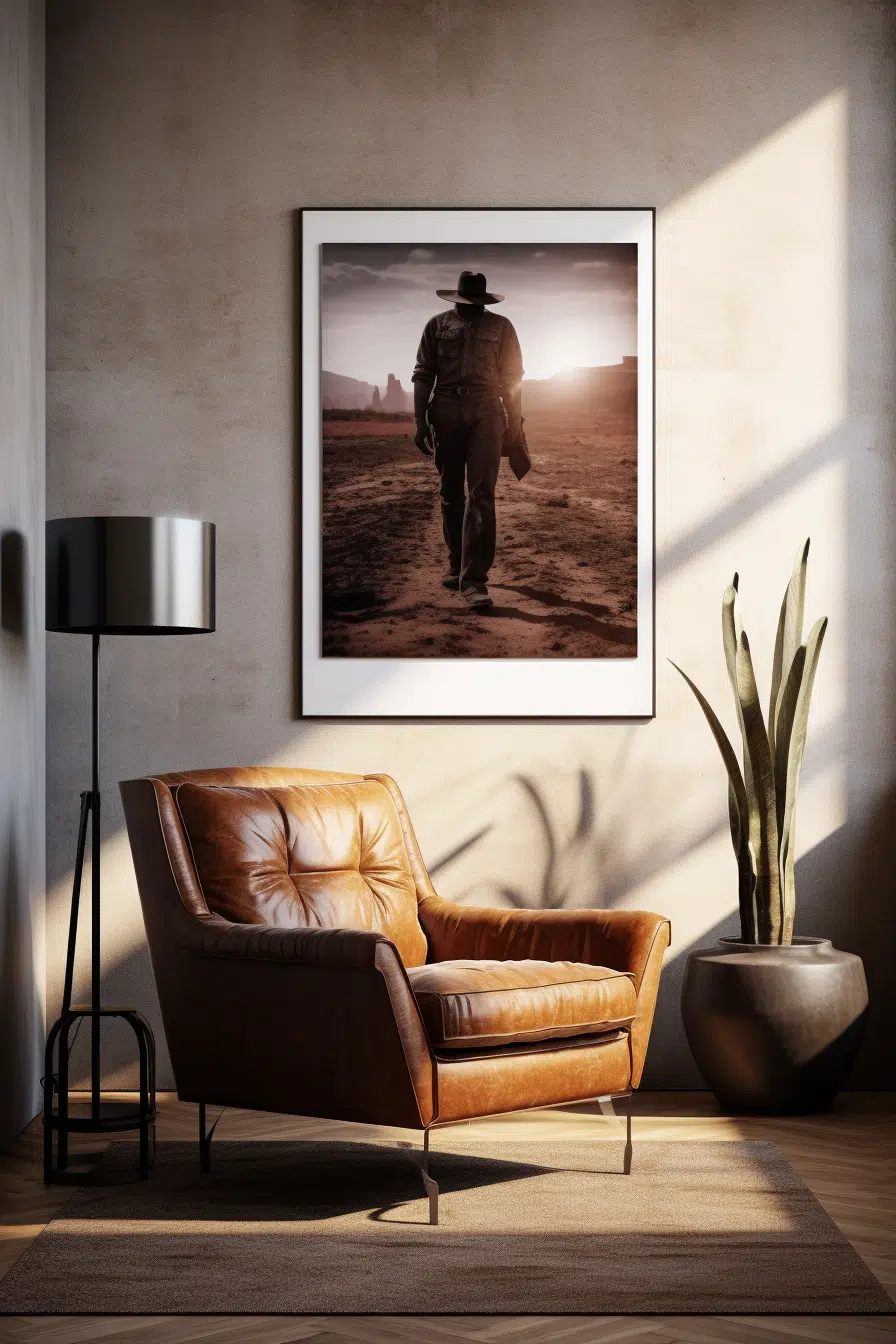 Western room with a leather chair and a framed picture of a man walking in the desert.