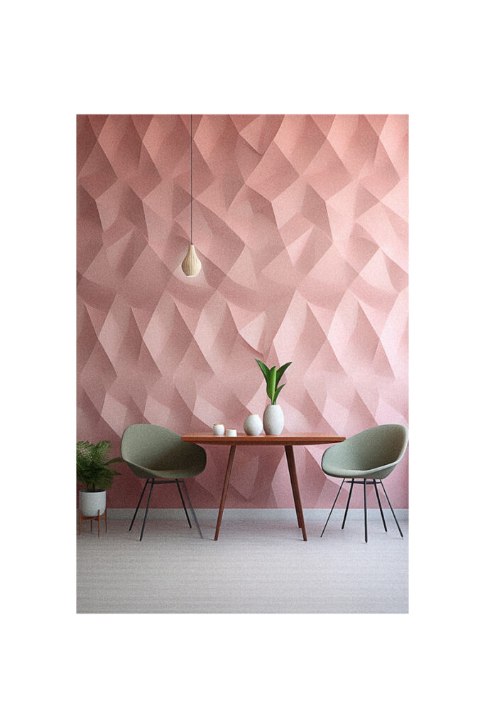 A vibrant pink wall with a table and chairs for home wall decor ideas.