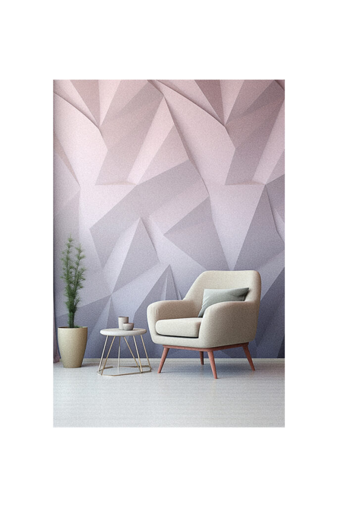 A living room with a vibrant pink and purple geometric wall, showcasing unique 3D wallpaper for home decor.