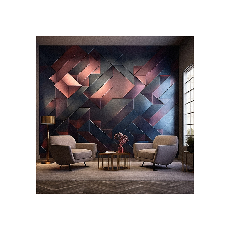 A living room with a geometric pattern 3D wallpaper on the wall.