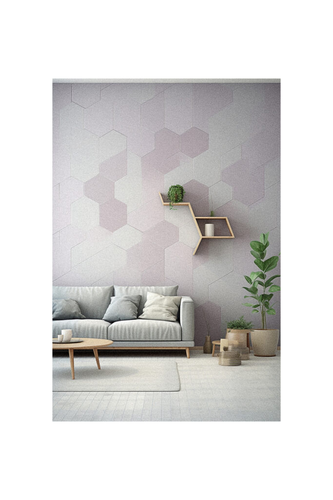 A living room with a plant on the wall, decorated with 3D wallpaper.