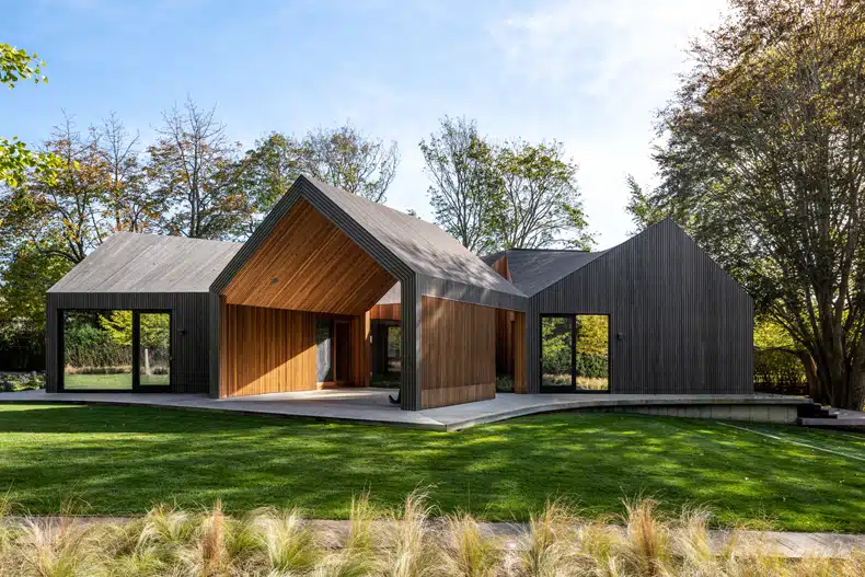 A modern house with a wooden exterior.