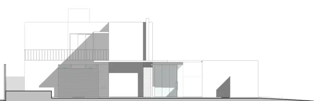 A drawing of a modern house with a side view.
