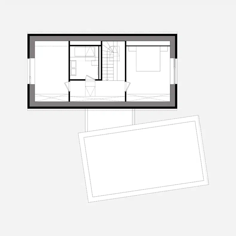 A floor plan of a small house with two bedrooms and a bathroom.