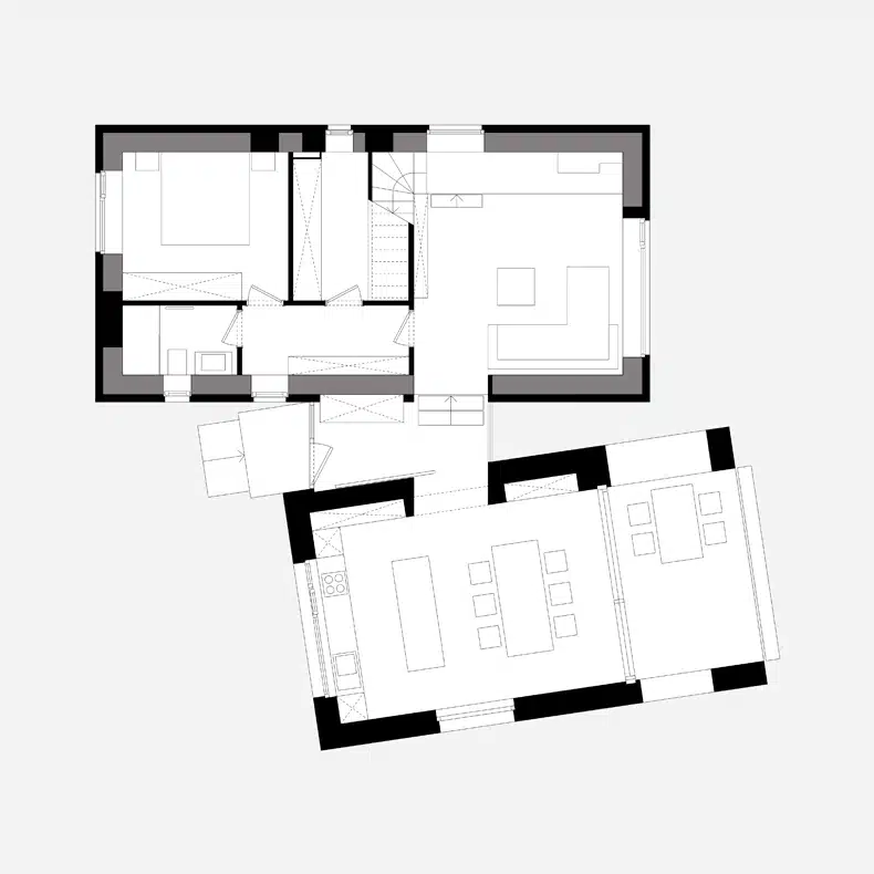 A floor plan of a house with two bedrooms and a living room.