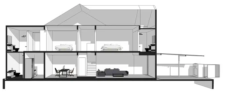 A black and white drawing showcasing Insight House by Core Design Workshop.