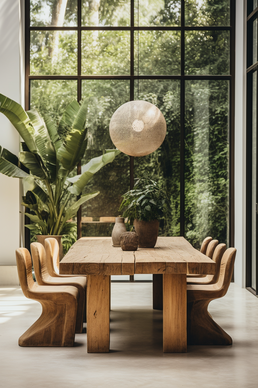 An organic dining room with a wooden table and chairs.