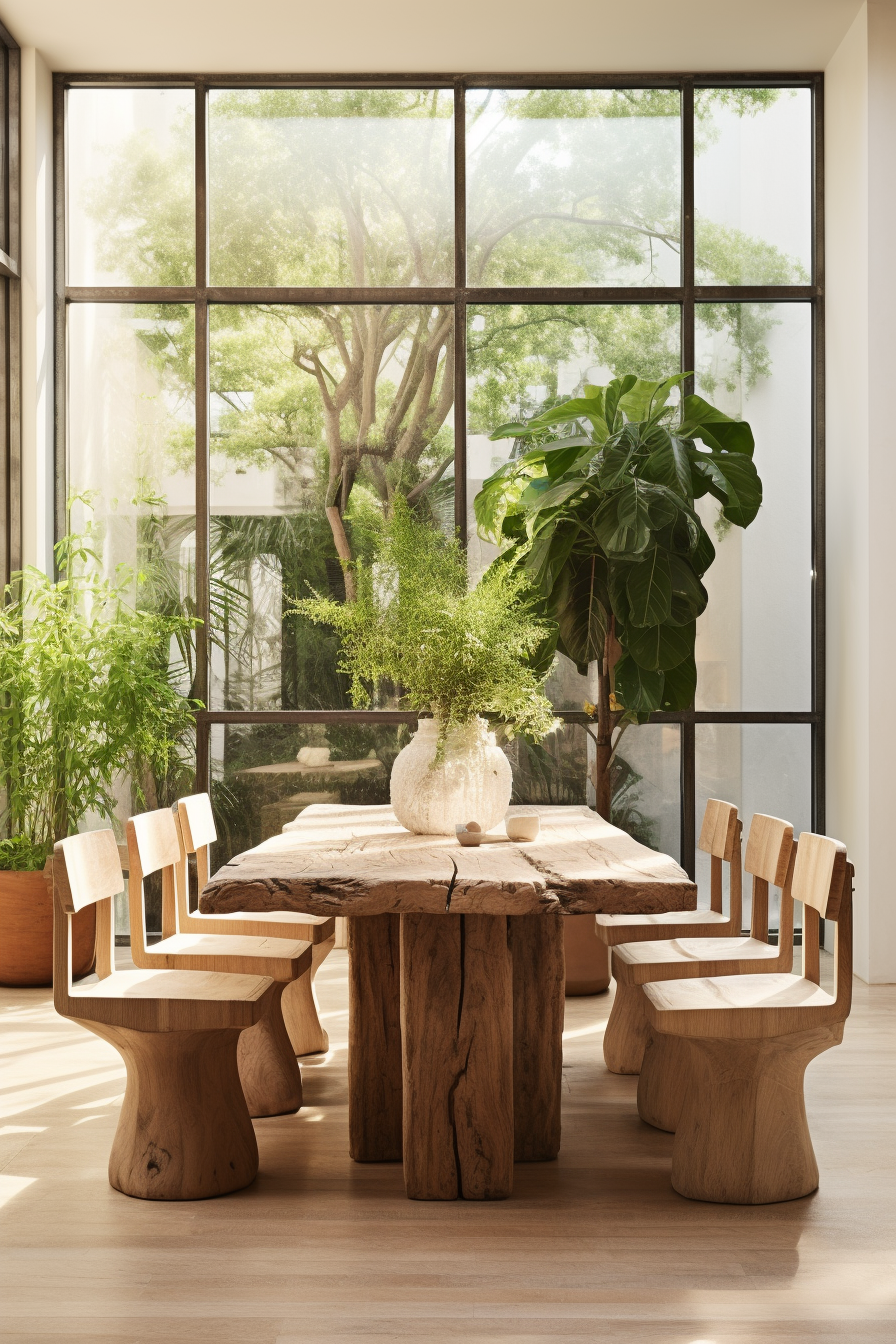 An organic dining room filled with a wooden table and chairs, creating a modern ambiance.