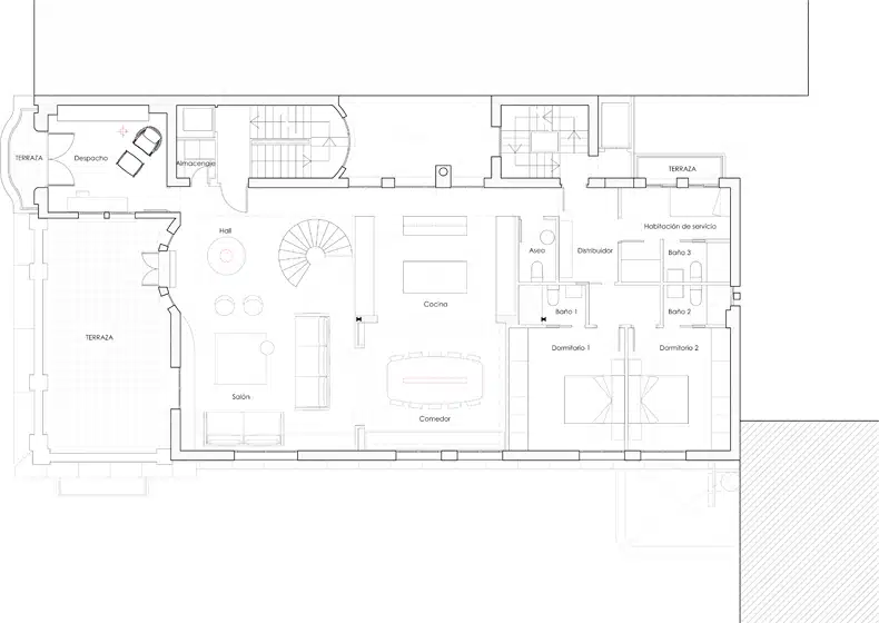 A penthouse floor plan featuring a living room and kitchen.