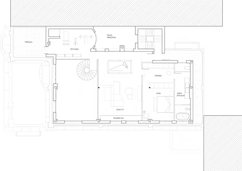 A penthouse floor plan featuring a kitchen and living room.