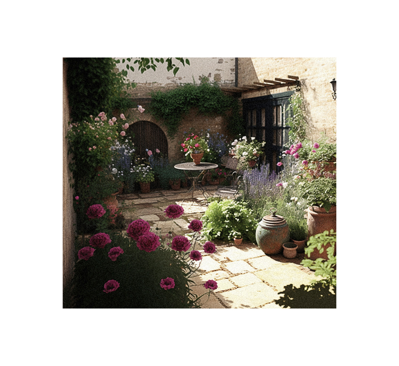 A garden courtyard with potted flowers.