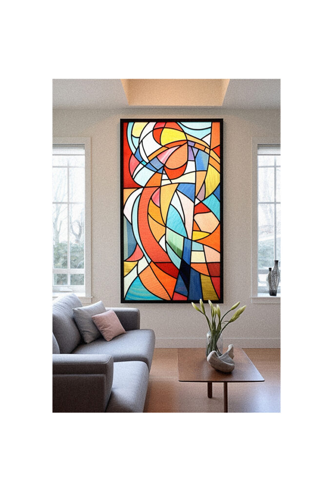 A living room with a colorful abstract painting and stain glass window art above a couch.