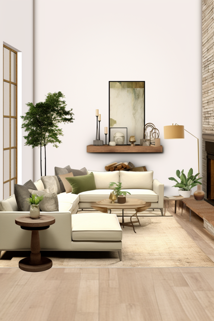 A 3d rendering of a rectangular living room with a fireplace.