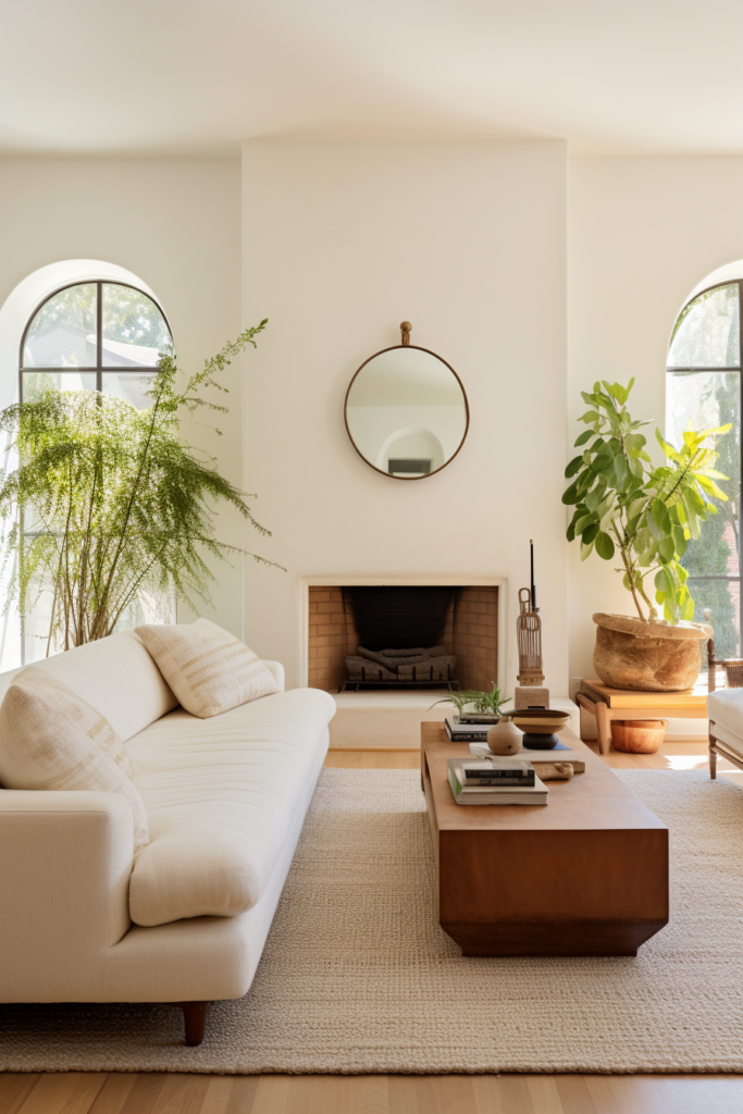 A rectangular living room with arched windows.