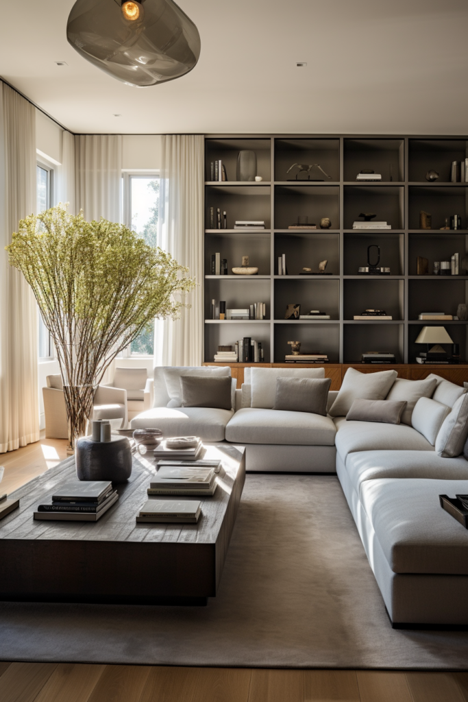 A rectangular living room with a white couch and bookshelves.
