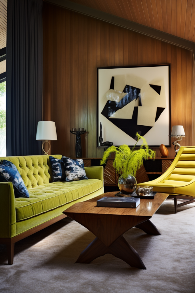 A rectangular living room with a yellow chair and a green couch.