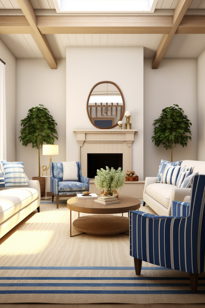 3d rendering of a rectangular living room with blue and white furniture.