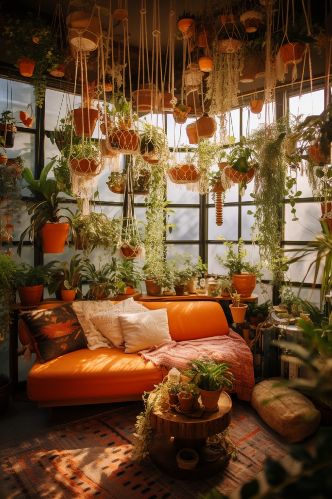A room with secure plant installation, featuring potted plants and a couch.