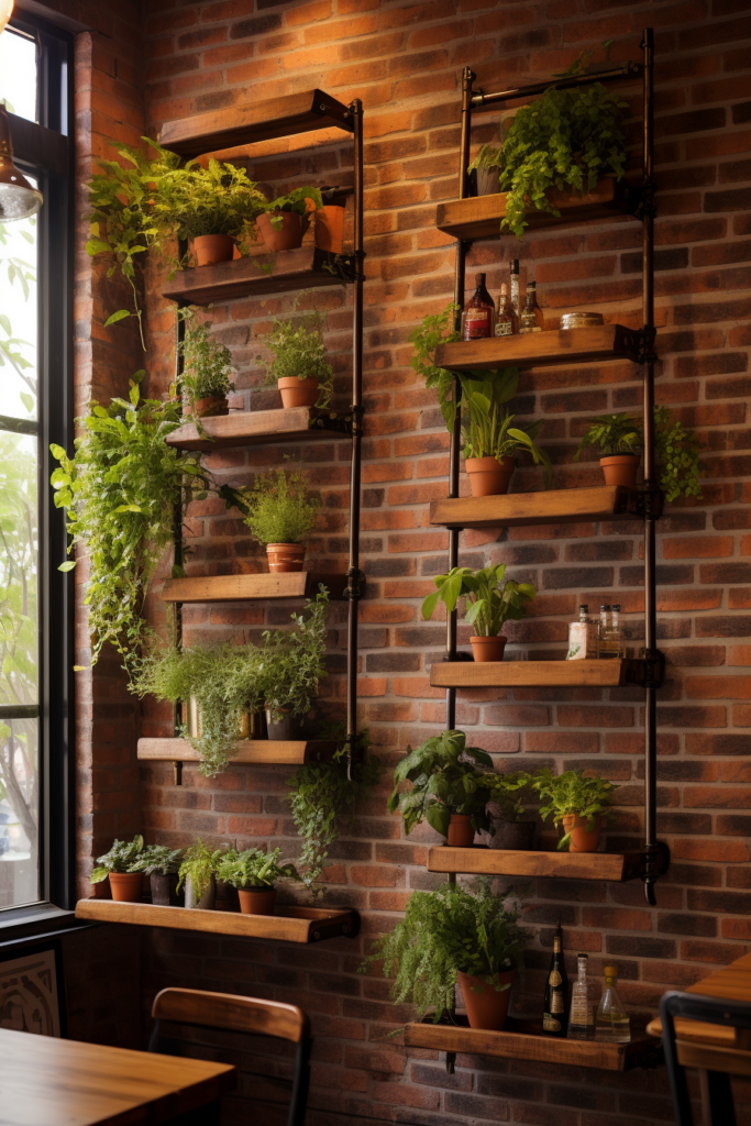 Creating a hanging garden of potted plants in a restaurant.
