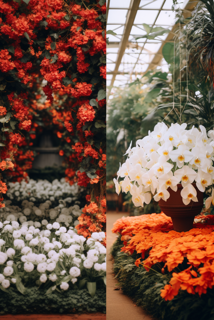 Two pictures of flowers in a greenhouse, creating a vibrant hanging garden.