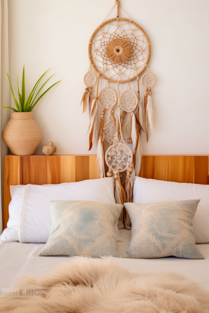 Creating an aesthetic dream sanctuary with a bed adorned with pillows and a dream catcher.