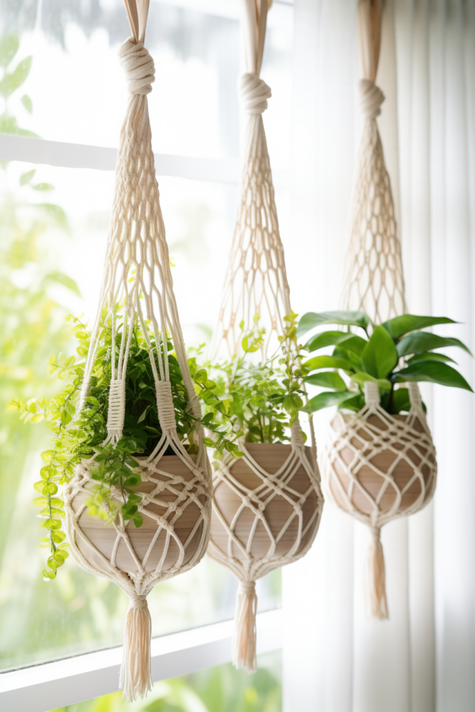 Three macrame planters adding aesthetic to a window sill.