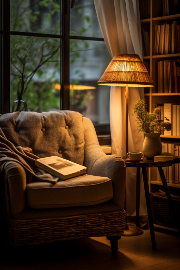 A chair in front of a window with a book and lamp, creating an inspiring and aesthetically pleasing space.