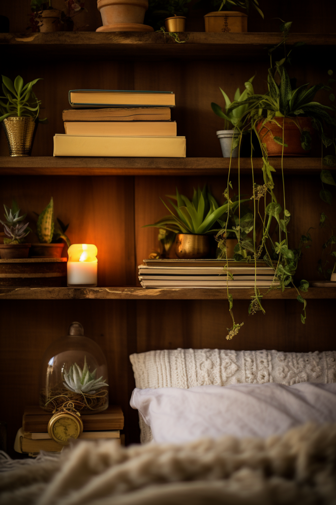 Stylish Spaces: Enhance your room decor with this aesthetic bed adorned with a candle and plants elegantly placed on the bookshelf.
