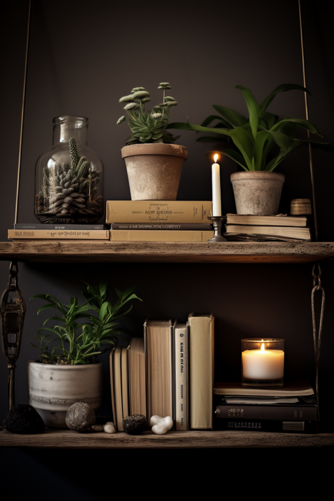 Aesthetic shelf with books and plants serving as inspo ideas for room decor.