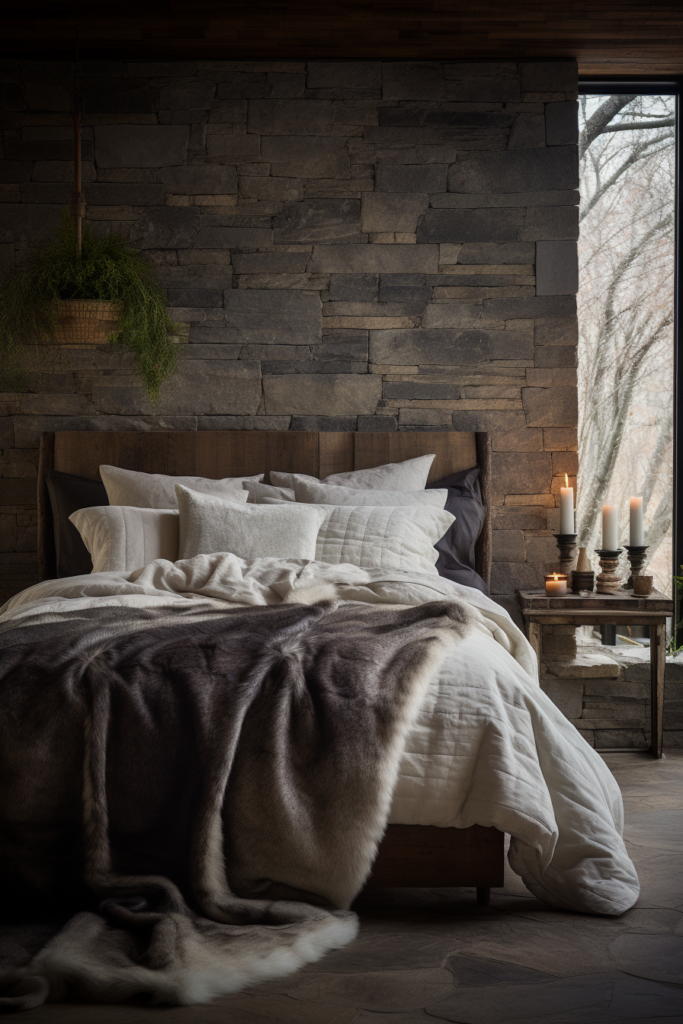A bed in a bedroom with a stone wall, providing aesthetic room decor inspiration.