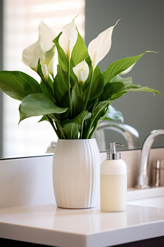 A vase of air-purifying white flowers on a bathroom counter.