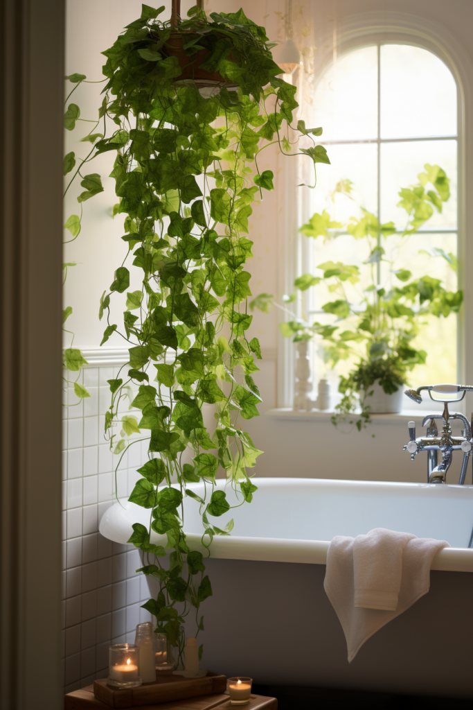 A bathroom with an air-purifying plant hanging from the ceiling, improving the air quality.