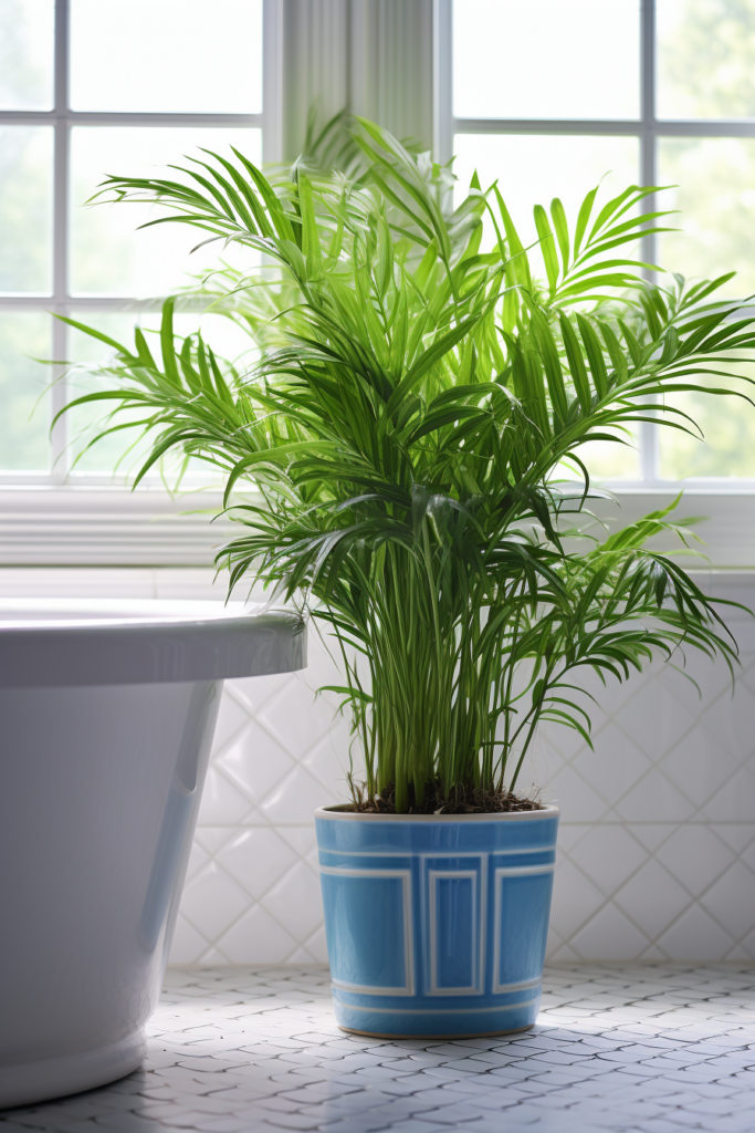 An air-purifying potted palm tree in front of a window.