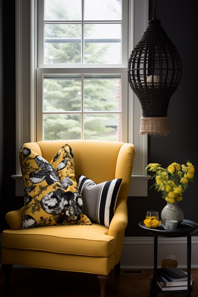 An artful arrangement of a yellow chair in front of a window.