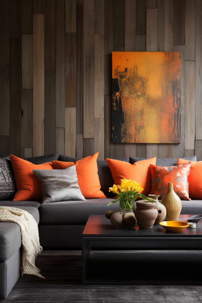 A grey couch with artful orange pillows.