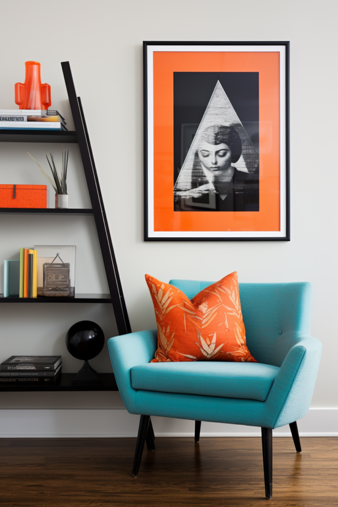 An artful arrangement featuring a blue chair and an off-center focal point - an orange framed picture in a room.