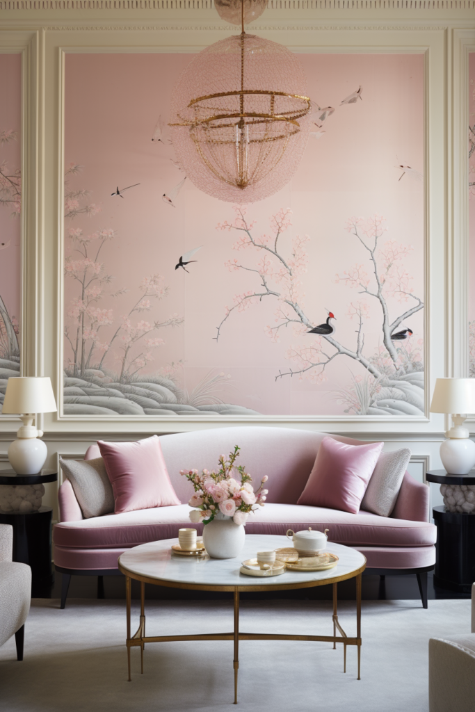 An off-center living room with artful arrangements of pink furniture and a pink wall.