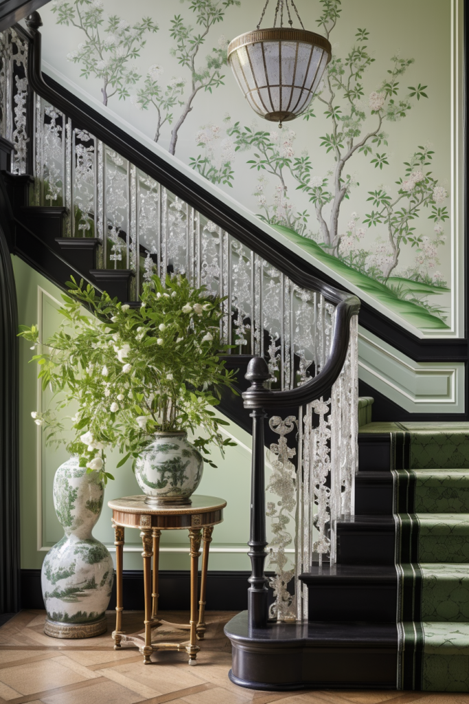 An artful staircase with a vase of flowers and off-center green wallpaper.