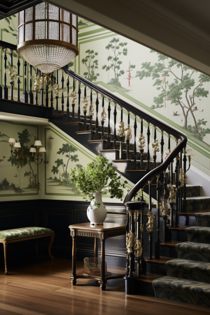 An artful arrangement of a staircase in a house adorned with a Chinese wallpaper.