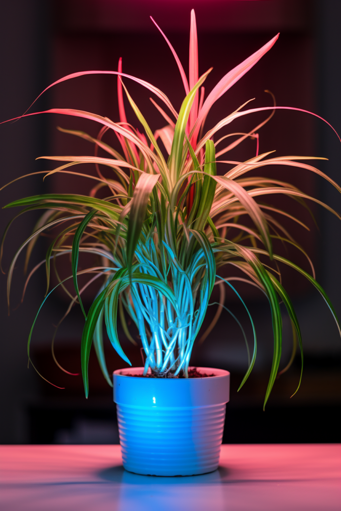 A bathroom plant illuminated by artificial lighting, displayed in a pot on a table.