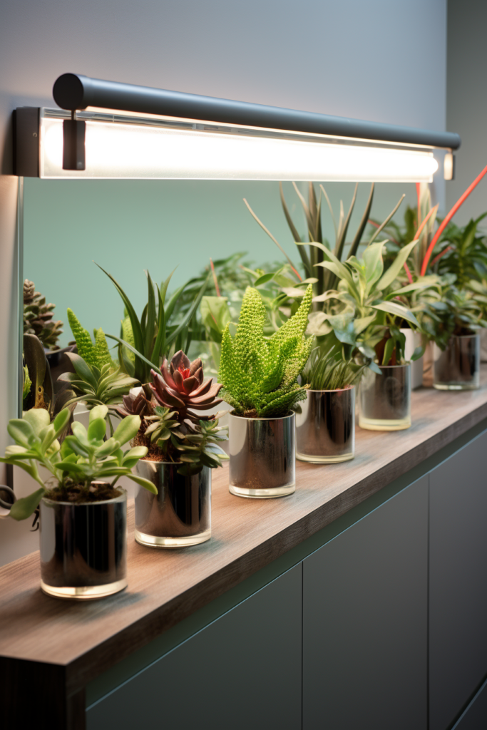A shelf with bathroom plants illuminated by artificial lighting.