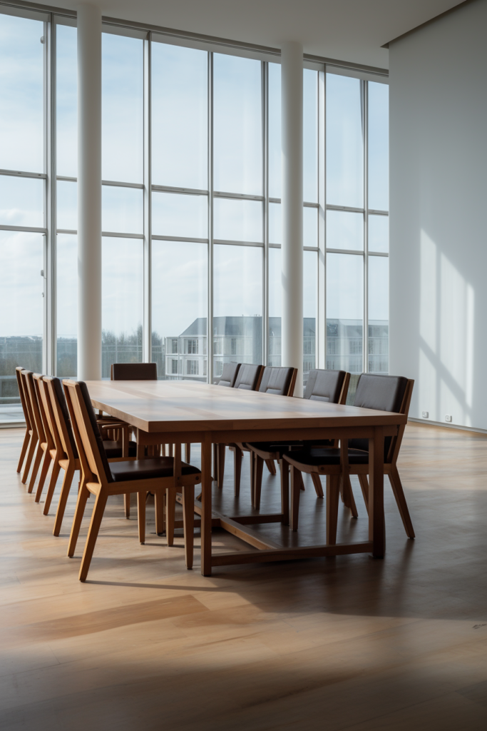 A large conference table in a room with large windows, revolutionizing the concept of home design with AI-powered apps.