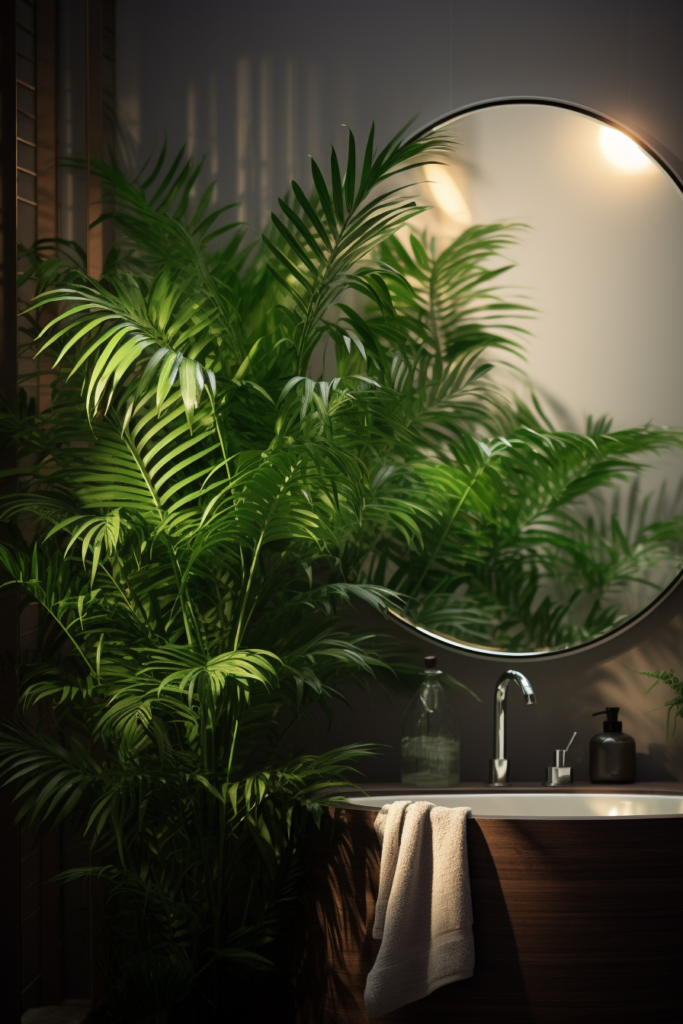 A tropical bathroom adorned with humidity-loving plants and a mirror.