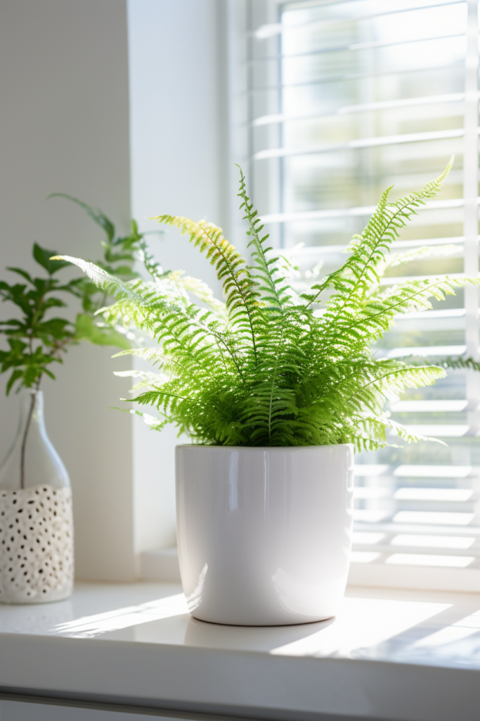 Tropical fern plant in a white pot on a window sill.