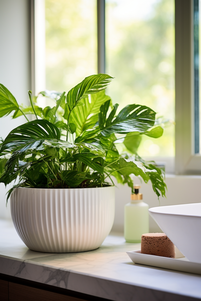 A potted plant sits on a bathroom window sill, thriving in the warm tropics atmosphere and benefiting from the humidity-loving nature of the plants.