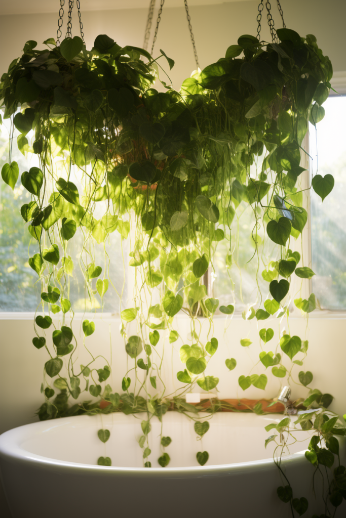 A bathroom with ceiling hanging plants.