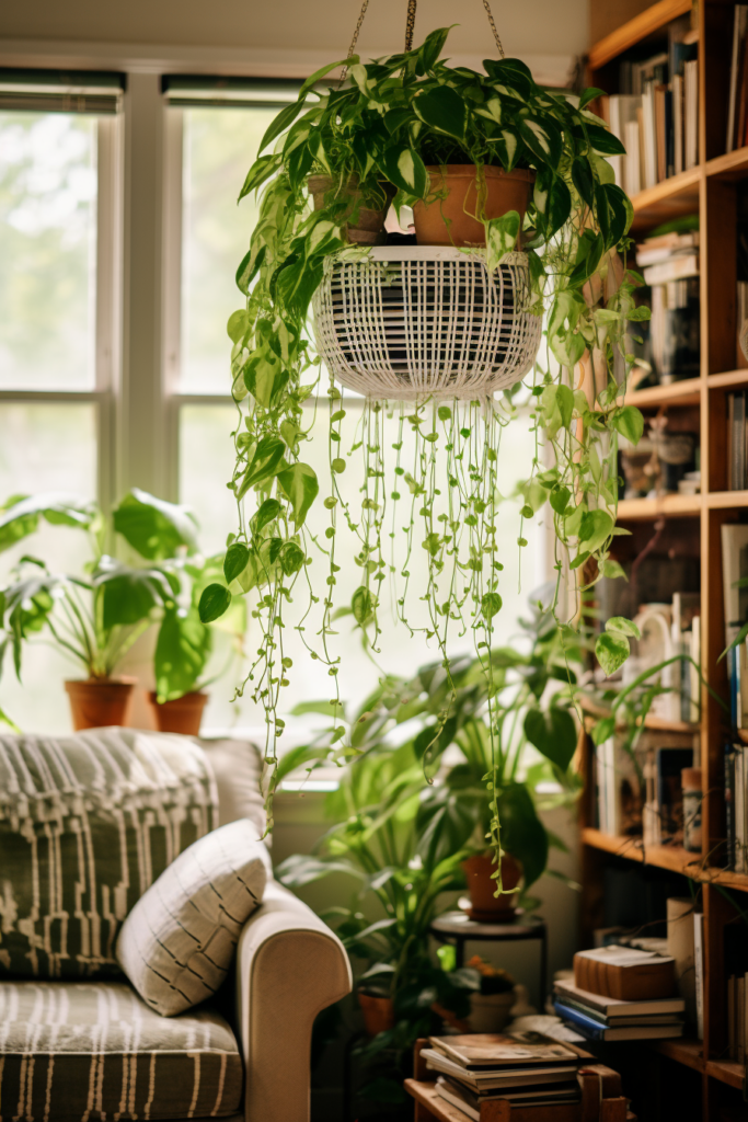 A living room adorned with lush plants gracefully hanging from the ceiling.