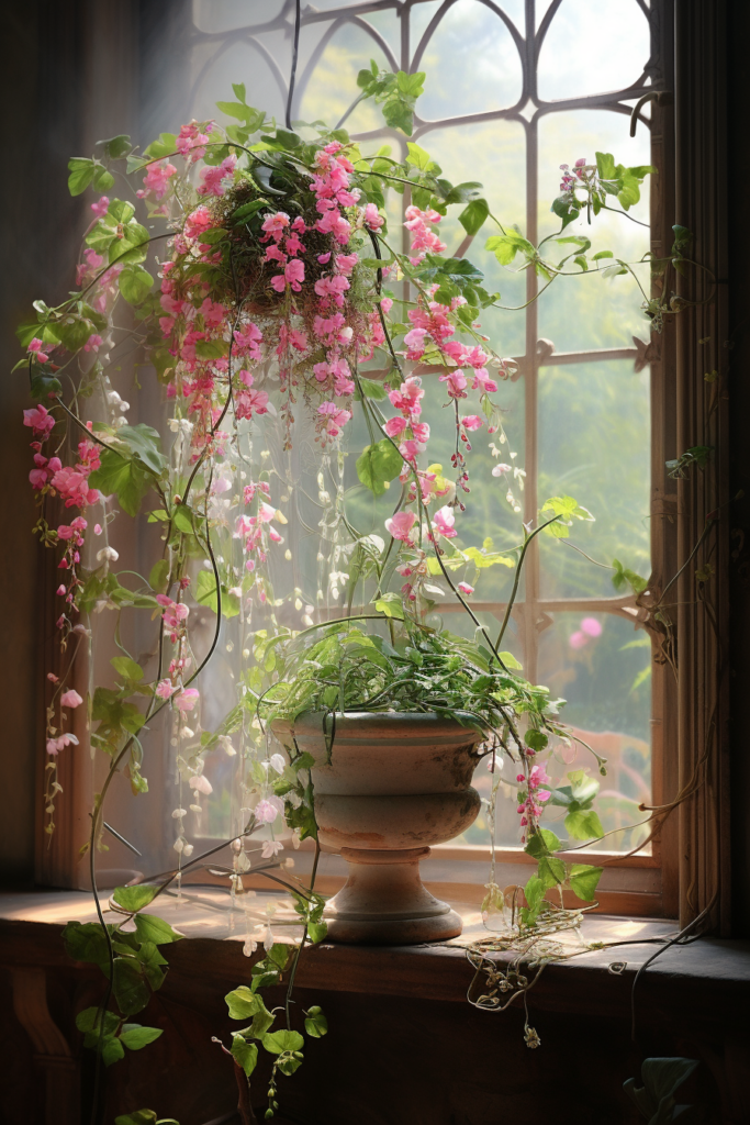 A window sill adorned with a potted plant and vibrant pink flowers.
